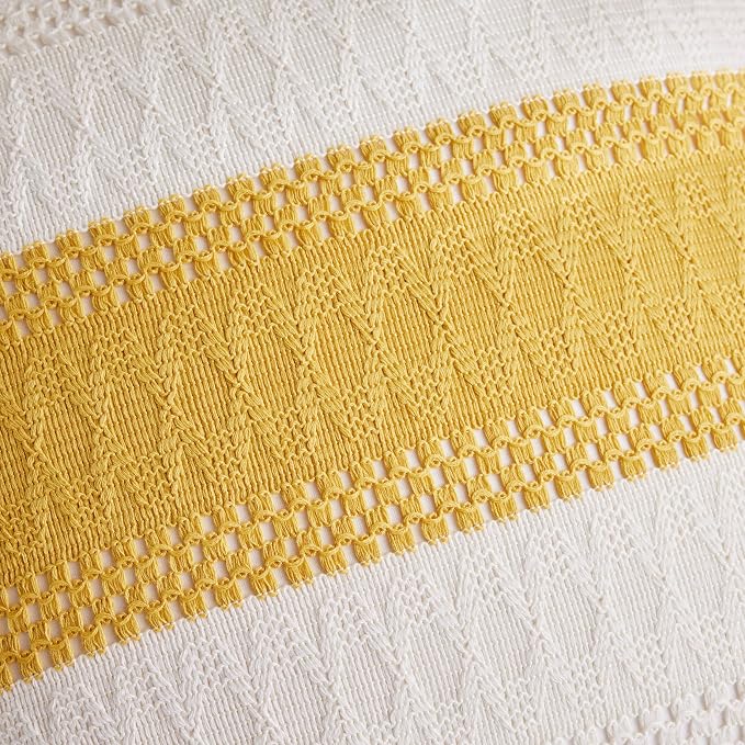 2pk Boho Pillow Covers 24x24, Natural White/Contrast/Mustard Yellow | 100% Organic Cotton Body, Stripe Embroidery, Farmhouse Decorative Cushion Covers for Sofa Bed Living Room Home Decor