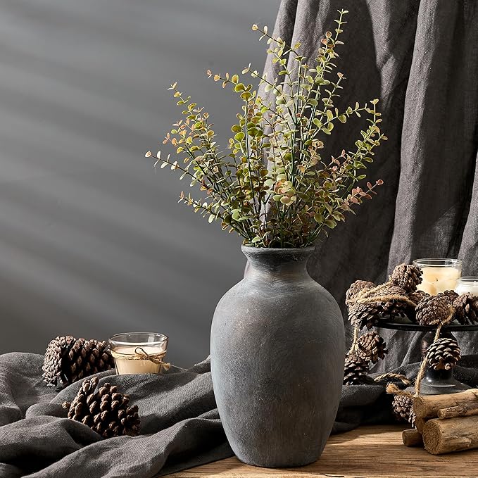 Large Ceramic Rustic Flower Vase, 10.43 Inch Tall Vintage Pottery Home Decor, Farmhouse Terracotta Vase for Living Room, Table, Shelf, Mantel Decoration, Farmhouse - Black Bronze