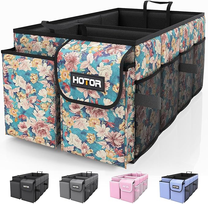 HOTOR Trunk Organizer- Car Organizer, Foldable Trunk organizer for SUVs & Sedans, Sturdy Car Organization for Car Accessories, Tools, Sundries, Blue Flower, 2 Compartments, 21.3"×12.6"×10.6"