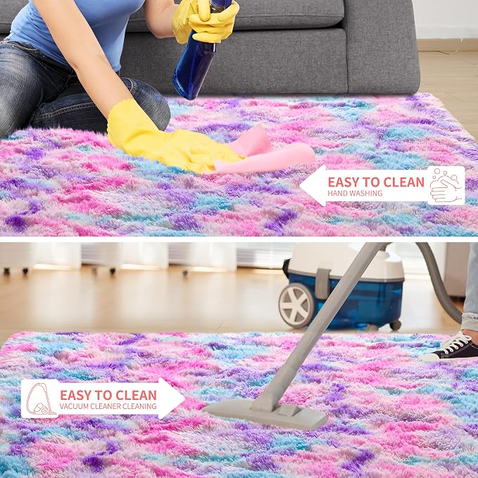 Tepook Pink Blue Purple Area Rug for Girls Room, Fluffy 8x10 Cute Soft Colorful Kids Rugs for Bedroom Dorm Classroom Nursery Playroom, Fuzzy Shaggy Rainbow Princess Carpet for Toddler Home Decor