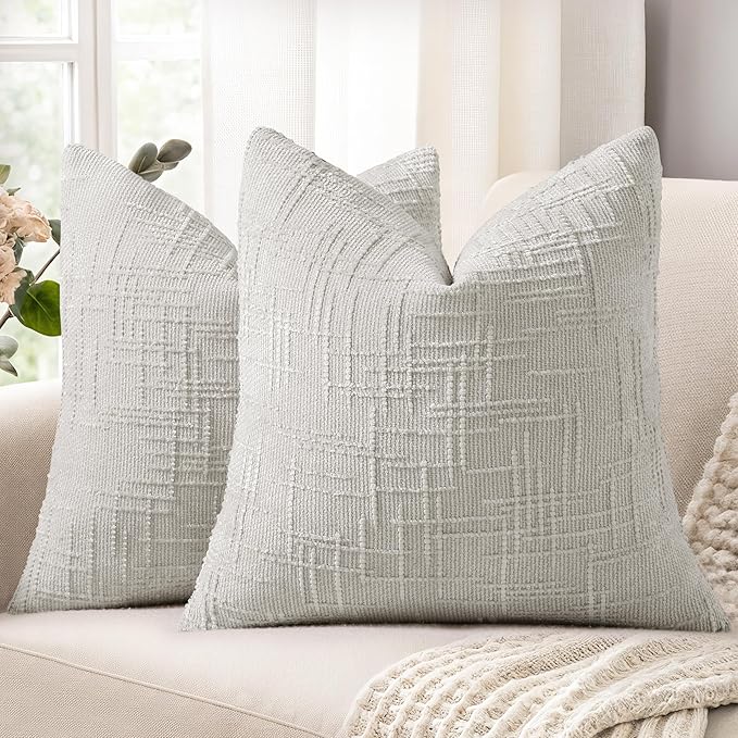 decorUhome Textured Chenille Throw Pillow Covers 24x24 Set of 2 Light Grey | Fall Modern Farmhouse Soft Cozy Slubby Couch Pillow Cases Boho Decorative Pillow Cases for Bed Sofa Living Room Home Decor