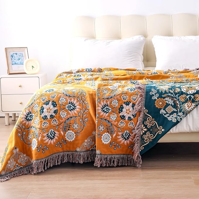 VANJOROY Boho Throw Blanket, 100% Cotton Soft Sofa Bed Throw-Floral Farmhouse Decor Blanket, Reversible Bohemian Throw for Chair Couch Quilt and Gift, 60" x 80"-Yellow
