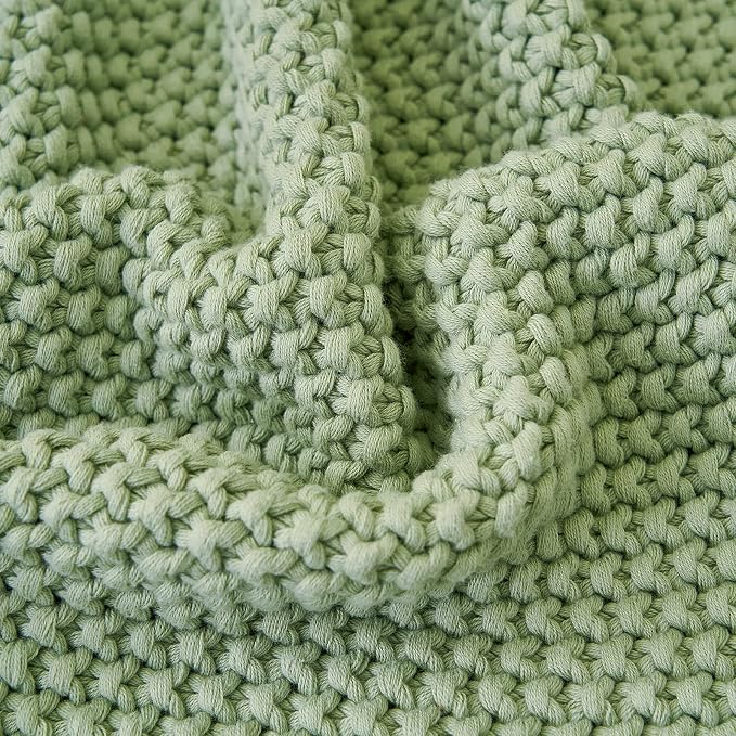 Chunky Cable Knit Throw Blanket Lightweight Light Green 100% Organic Cotton Blanket for Sofa Couch Bed Baby Nursery, Rustic Shabby Chic Modern Farmhouse, 60” x 80” Bonus Laundering Bag
