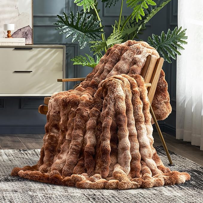 Cozy Bliss Faux Fur Throw Blanket for Couch, Fuzzy Soft Plush Thick Bubble Blanket for Sofa Bedroom Living Room, 50 * 60 Inches Tie Dye Brown