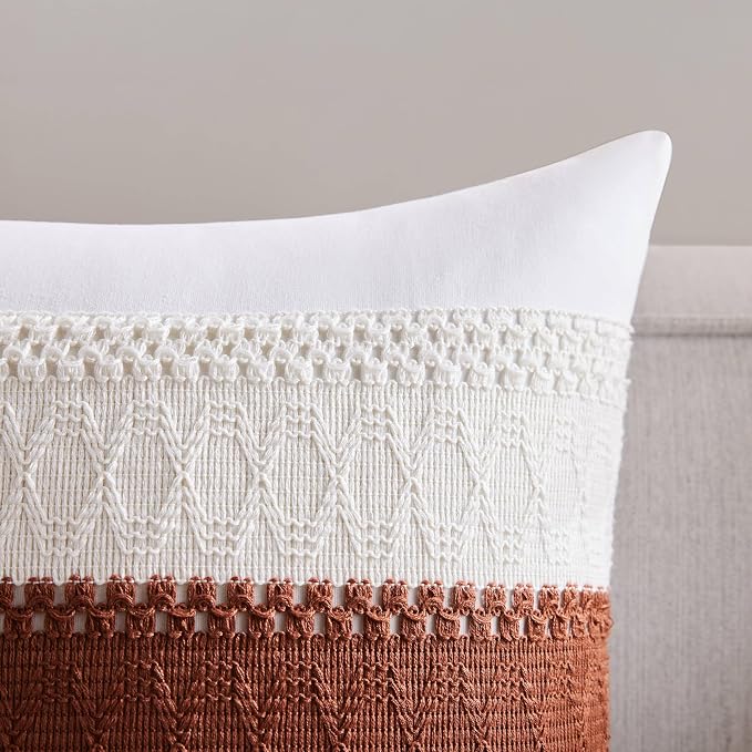 2pk Boho Pillow Covers 22x22, Natural White/Contrast/Terracota | 100% Organic Cotton Body, Stripe Embroidery, Farmhouse Decorative Cushion Covers for Sofa Bed Living Room Home Decor