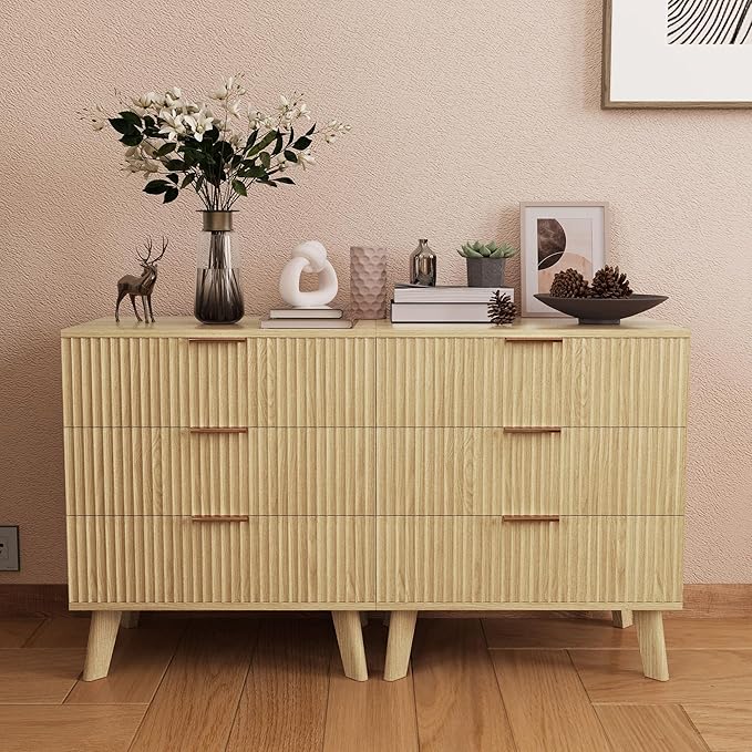 Fluted 3 Drawer Dressers, Modern Closet Dressers Chest of Drawers, Wood Storage Dresser Chest of Drawers Organizer for Bedroom Living Room Hallway Closet,Natural, 2 Sets