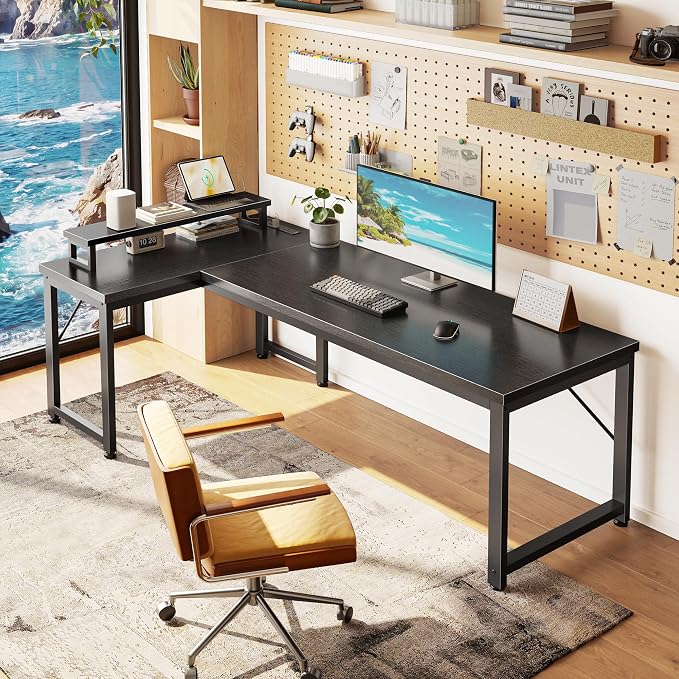 PRAISUN 53" L Shaped Computer Desk, Power Outlets, Monitor Stand, Black | USB-C Ports, Reversible Charging Station, Spacious Desktop & Legroom, 0.94 Inch Thick Desktop, for Gaming, Study & Work