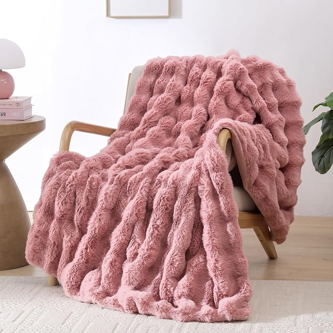 Faux Rabbit Fur Throw for Couch - Old Pink Bubble Blanket 50"x60" | Fluffy Plush Fuzzy Throw for Sofa & Bed, Super Soft Cozy Comfrt Blanket, Luxury Aesthetic Pink Decor Gift for Women