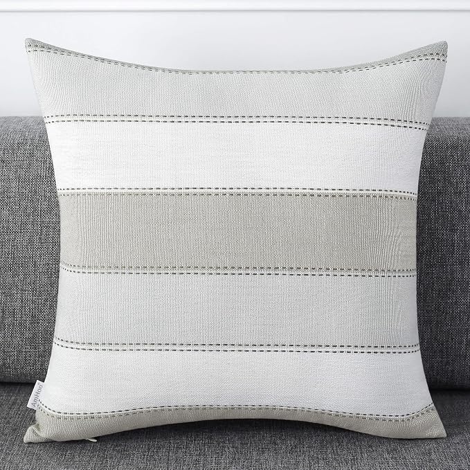 Pack of 2 Farmhouse Stripe Check Throw Pillow Covers Set Case Cotton Linen Decorative Pillowcases Cushion Cover for Couch Bench Sofa 20x20Inch Light Grey Beige