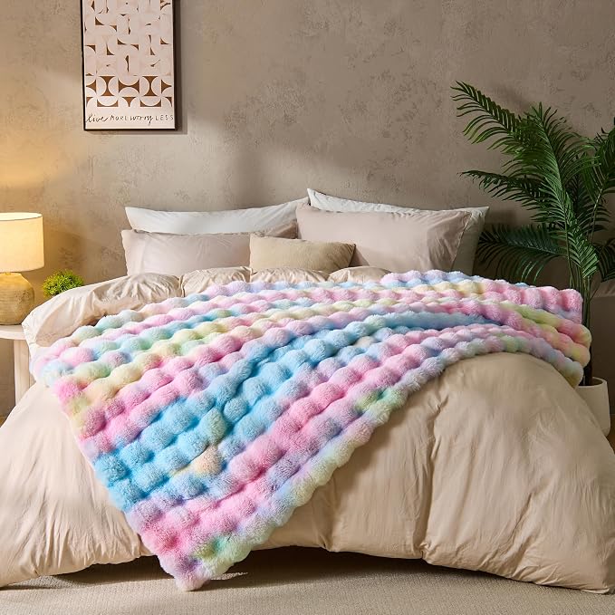 DOWNCOOL Faux Rabbit Fur Throw Blanket, Soft Fluffy Fuzzy Plush Bubble Blanket for Couch Sofa & Bed, Cozy Warm Luxury Fleece Minky Blanket, 60x80 Inches Rainbow