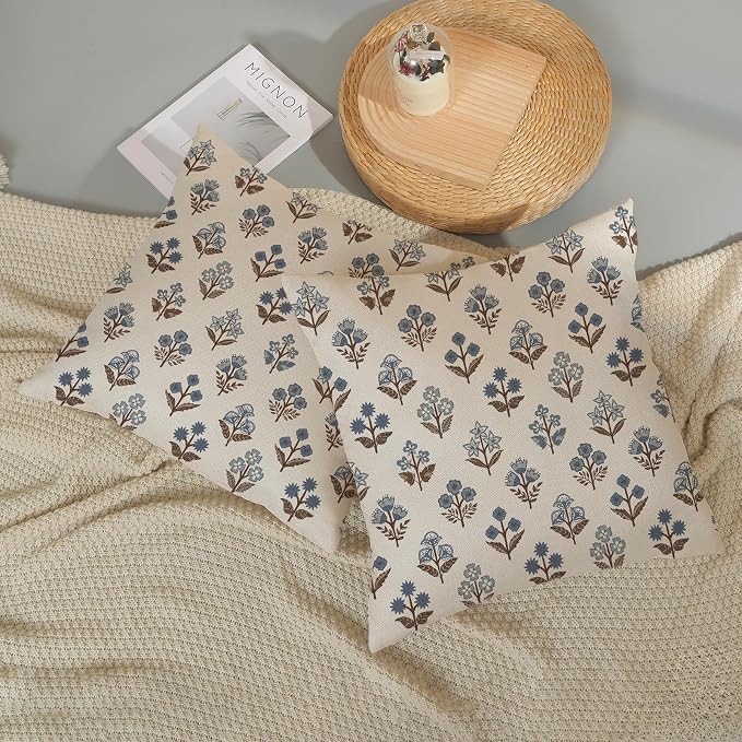 Brown Blue Pillow Covers 20x20 Inch Set of 2 Boho Block Print Floral Throw Pillows Vintage Flower Decorative Pillow Cases Outdoor Linen Farmhouse Cushion Cover for Couch Sofa Bed Decor