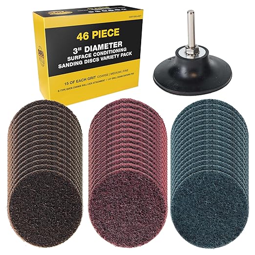 Dura-Gold 46-Piece 3" Diameter Surface Conditioning Sanding Discs Variety Pack - 15 Each Coarse, Medium, Fine Grit Quick Change Roll Lock, 1/4" Drill Backing Pad Rust and Paint Removal Oxidation