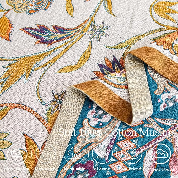 XIBLC Fall Throw Blanket for Couch, Brown Boho Decorative Throw Blanket, 100% Cotton Muslin Breathable Woven Farmhouse Blankets Quilt, 90"x98" Reversible Lightweight Blankets Bohemian Throw Quilt