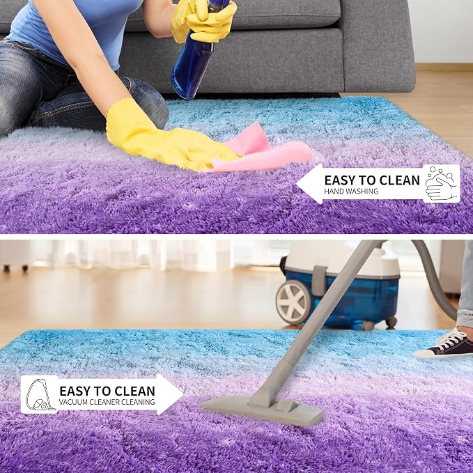 Tepook Soft Fluffy Rugs for Bedroom, 4x6 Area Rug for Living Room, Modern Shaggy Room Rug for Kids Boys Girls, Plush Throw Rugs Indoor Nursery Home Decor Rug with Non-Slip Bottom, Purple and Blue