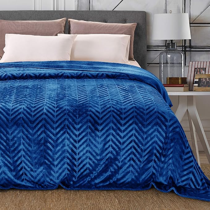 Whale Flotilla Flannel Fleece Fall Bed Blanket Twin Size, Royal Blue | Lightweight Breathable Soft Bedspread, Plush Fluffy Coverlet Chevron Design Decorative Blanket for Home Life, 90x66 Inch
