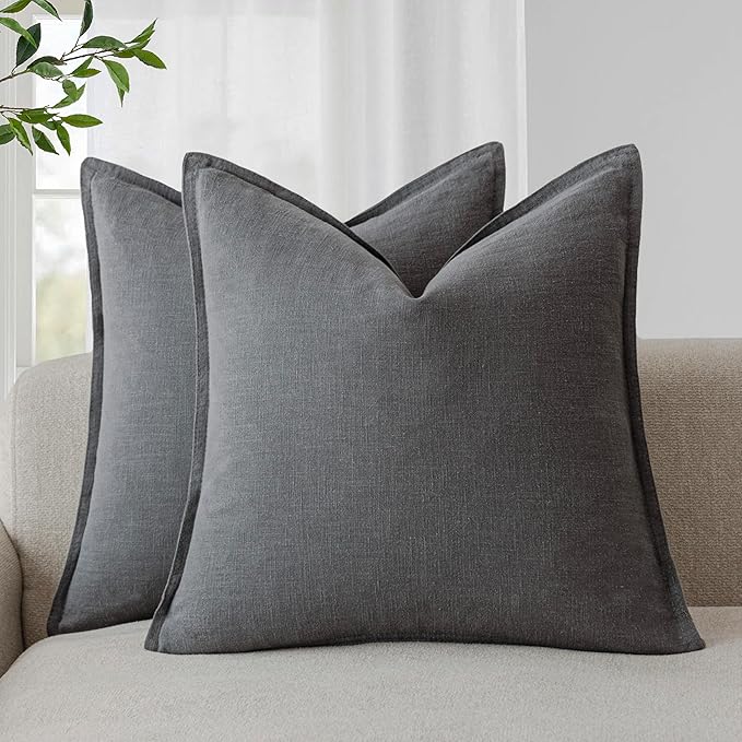 Foindtower Pack of 2, Decorative Linen Solid Throw Pillow Covers Soft Accent Square Cushion Case Boho Farmhouse Pillowcase for Chair Couch Sofa Bedroom Living Room Home Decor 18 x 18 Inch Grey