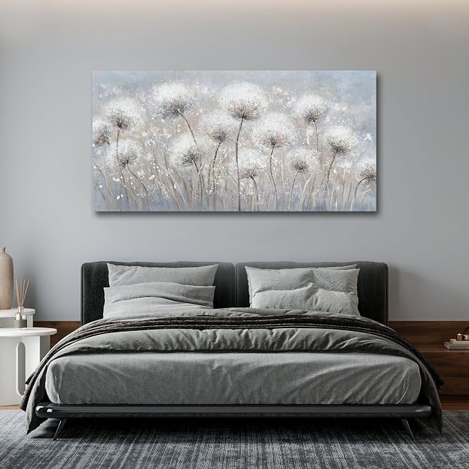 Belmrxne Dandelion Floral Wall Art White and Black Wall Decor Modern Artwork Above Couch Canvas Painting for Living Room Bedroom Dining Room Office Home Decor 24x48 inch