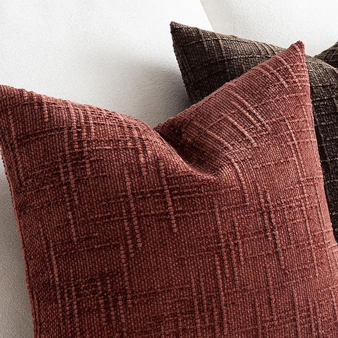 MIULEE Chenille Textured Fall Throw Pillow Covers Rust 18x18 Set of 2 | Slubby Decorative Pillows, Boho Farmhouse Rustic Home Decor, Modern Neutral Cushion Covers for Couch Sofa Bed Living Room