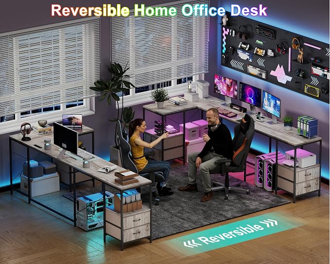YOSHOOT 67" U Shaped Computer Desk, Reversible L Shaped Gaming Desk | Corner Desk with Power Outlets, 4 Drawers, 2 Storage Shelf, Computer Table with 4 Installation Methods, Grey