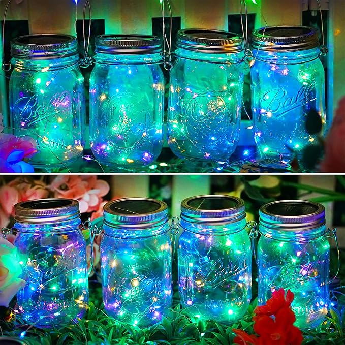 SunKite Solar Mason Jar Lights [Updated], 8 Pack 20 LED Waterproof Fairy Firefly Jar Lids String Lights with Hangers(NO Jars), Patio Yard Garden Wedding Decoration - Colorful