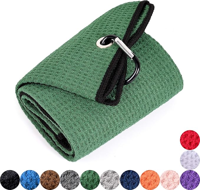 Mile High Life Microfiber Waffle Pattern Golf Towel | Club Groove Cleaner Brush | Foldable Divot Tool with Magnetic Ball Marker (Green Towel/Brush/Bone Divot)