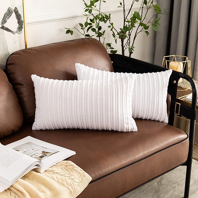 UGASA Pack of 2, Velvet Pillow Covers Striped, Soft Textured Throw Cushion Case Set, Accent Corduroy Lumbar Pillowcases with Hidden Zipper for Home Decor Indoor Outdoor (12"x20", Pure White)