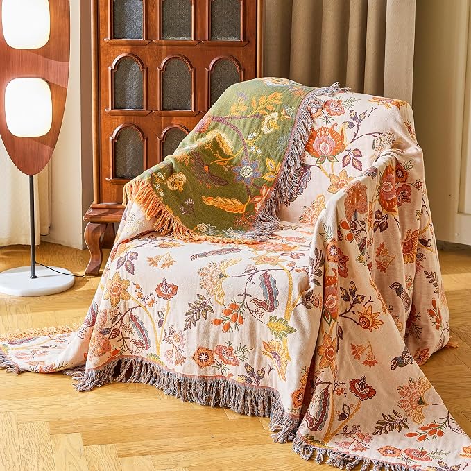 VANJOROY Boho Throw Blanket for Bed Couch 50" x 60", 100% Organic Cotton Skin-Friendly Ultra Soft Quilt Throw - Floral Rustic Living Room Decor Luxury Reversible Blanket for Sofa Chair and Gift