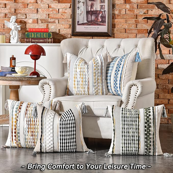 Set of 2 Chenille Striped Textured Boho Throw Pillow Covers Aesthetic with Tassels Woven Decorative Pillow Case for Couch Bed Sofa Bedroom Modern Funky 18 x 18-Inch Sky Blue