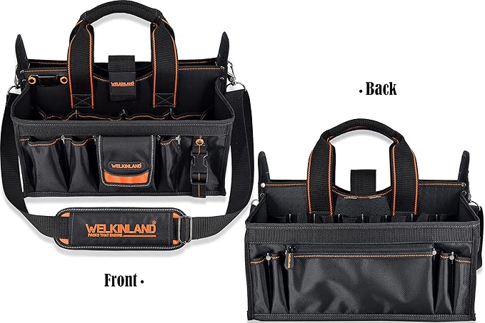 WELKINLAND 19-POCKETS Tool tote, HVAC tool bags organizer, Heavy-Duty electrician tools bag, Tool tote bag w/socket organizer tool boxes, Stay-Up maintenance tools bags