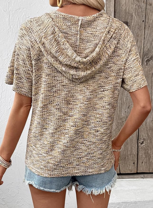Dokotoo Womens Summer Tops 2026 Short Sleeve Button V Neck Waffle Knit Lightweight Drawstring Hoodies Casual Blouses Shirts