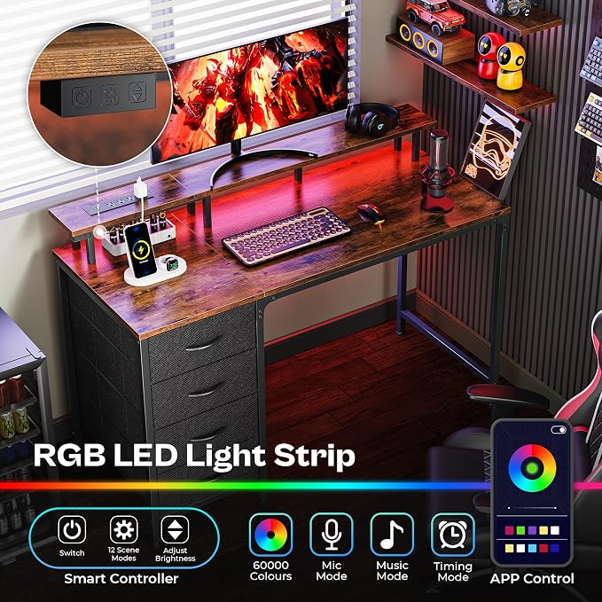 Huuger 47 Inch Computer Desk with Power Outlets and LED Lights, Gaming Desk with 4 Drawers, Office Desk with Monitor Stand, Study Work for Home Office, Small Spaces, Rustic Brown