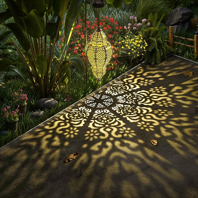 Moroccan Hanging Solar Lights Outdoor Lantern Bidirectional Availabili Garden Decor Waterproof Plastic Gold Decorations for Patio Pathway Yard Backyard Solar Powered Garden Decorative (2, gold)