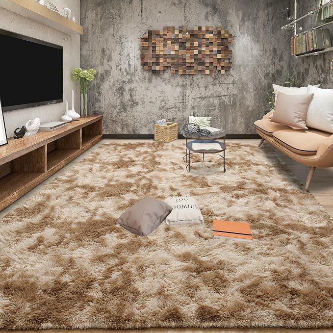 Tepook Fluffy Large Rugs for Living Room, Shag Area Rug 6x9 Soft Carpet for Bedroom, Modern Shaggy Rug for Kids Boys Girls, Plush Indoor Nursery Home Decor Rug with Non-Slip Bottom, Tie-Dyed Beige