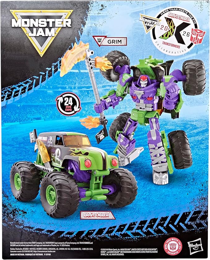 Transformers Collaborative x Monster Jam Grave Digger (Grim) | Leader Class 9.25-inch Robot Action Figure Converts to Monster Truck, Car Toys for Ages 8+