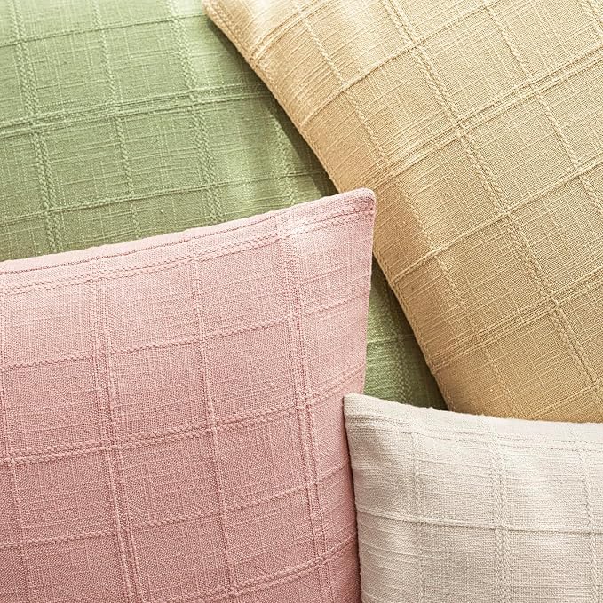 Foindtower Set of 2 Decorative Linen Check Throw Pillow Covers Neutral Farmhouse Lumbar Cushion Covers Modern Boho Accent Home Decor for Sofa Chair Couch Bedroom Living Room,12×24 Inch,Light Pink