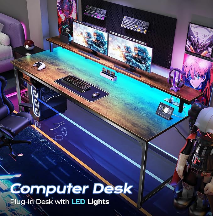 PRAISUN 63 inch Gaming Desk, LED & Outlets, Monitor Stand, Rustic Brown | Sturdy PC Desk for Home Office, Study & Work, LED Lights, 4 AC Outlets & USB-C Charging Station