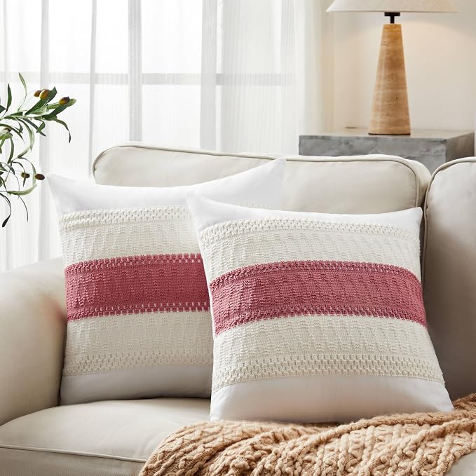 2pk Boho Pillow Covers 16x16, Natural White/Contrast/Dusty Pink | 100% Organic Cotton Body, Stripe Embroidery, Farmhouse Decorative Cushion Covers for Sofa Bed Living Room Home Decor