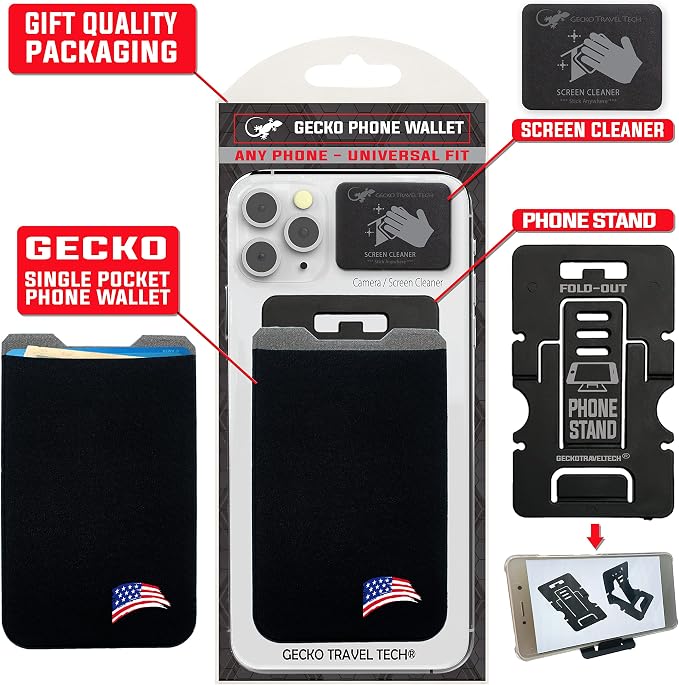 Phone Wallet - Adhesive Card Holder - Cell Phone Pouch - Stick on Lycra Pocket by Gecko - Carry Credit Cards and Cash