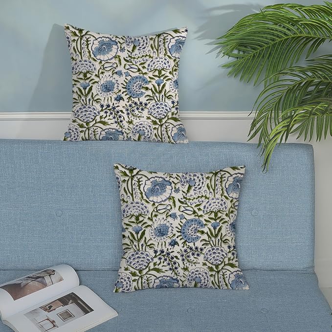 Boho Navy Blue Pillow Covers 16x16 Inch Set of 2 Blue Sage Green Floral Throw Pillows Vintage Flower Outdoor Decorative Pillow Cases Farmhouse Linen Cushion Cover Decor for Couch Sofa Decor