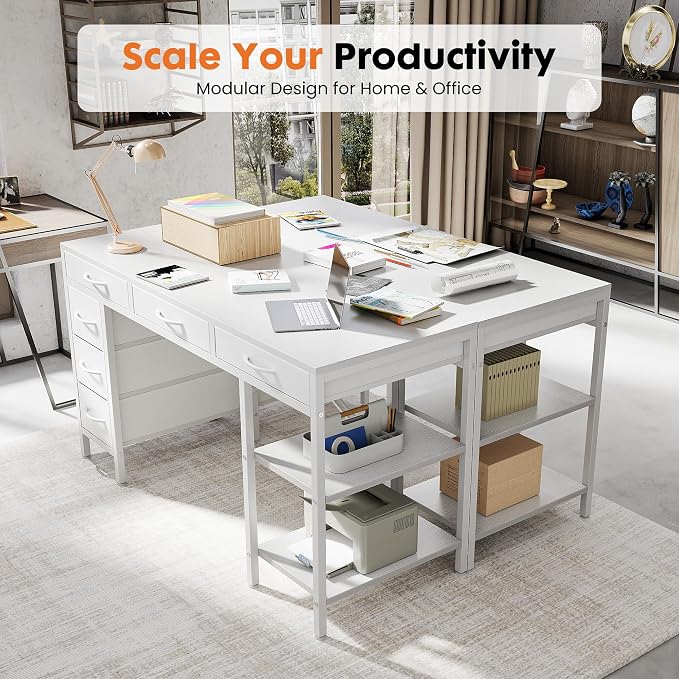 Sweetcrispy 55" Computer Desk with 6 Fabric Drawers & Storage Shelves | Reversible Gaming Desk, Office Desk, Computer Workstation, Corner Desk with Storag, Home Office, Living Room, White