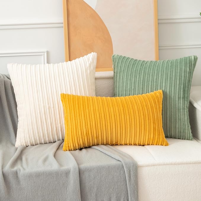 UGASA 14x20 Inch Pillow Cover Pack of 1 Soft Boho Stripe Corduroy Long Rectangular Lumbar Cushion Cover Farmhouse Decorative Throw Pillowcase for Bed, Couch, Sofa, Bedroom, Living Room, Sage Green