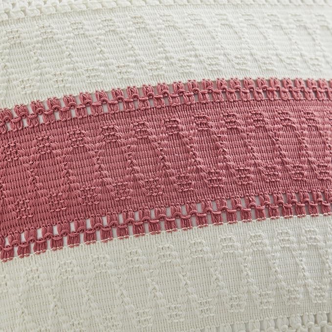 2pk Boho Pillow Covers 12x20, Natural White/Contrast/Dusty Pink | 100% Organic Cotton Body, Stripe Embroidery, Farmhouse Decorative Cushion Covers for Sofa Bed Living Room Home Decor