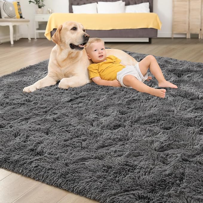 Tepook Fluffy Large Rugs for Living Room, Shag Area Rug 6x9 Soft Carpet for Bedroom, Modern Shaggy Rug for Kids Boys Girls, Plush Indoor Nursery Home Decor Rug with Non-Slip Bottom, Dark Grey