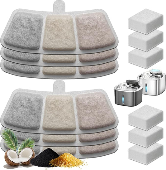 6+6 Packs Cat Water Fountain Filters Replacement - Compatible with oneisall PW03 PW04 Cat Fountain, Fits 3.5L/118oz Pet Water Fountains, with Pre-Filter Sponges