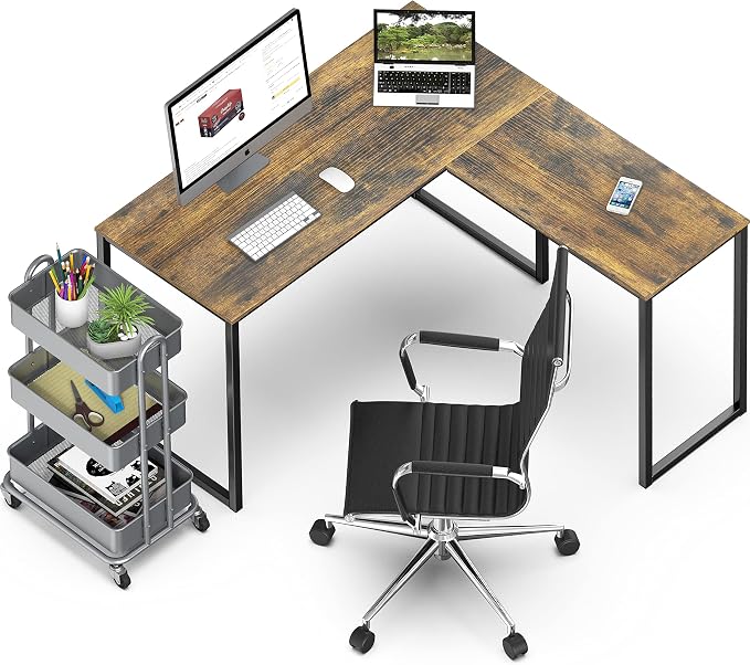 SHW Mission 48 x 48 L-Shape Home Office Computer Desk, Rustic Brown | Reversible Desktop Design