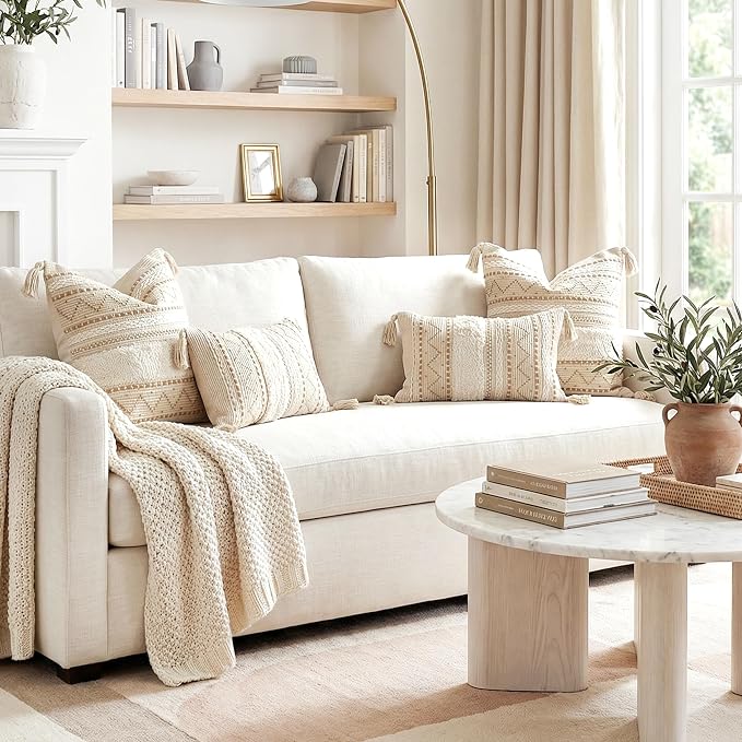 Decorative Throw Pillow Covers 20x20 Combo Set of 2 Square Cream Neutral White Boho Accent Pillowcase Tassels Farmhouse Cushion for Couch Sofa Bedroom Living Room Home Décor Cover ONLY