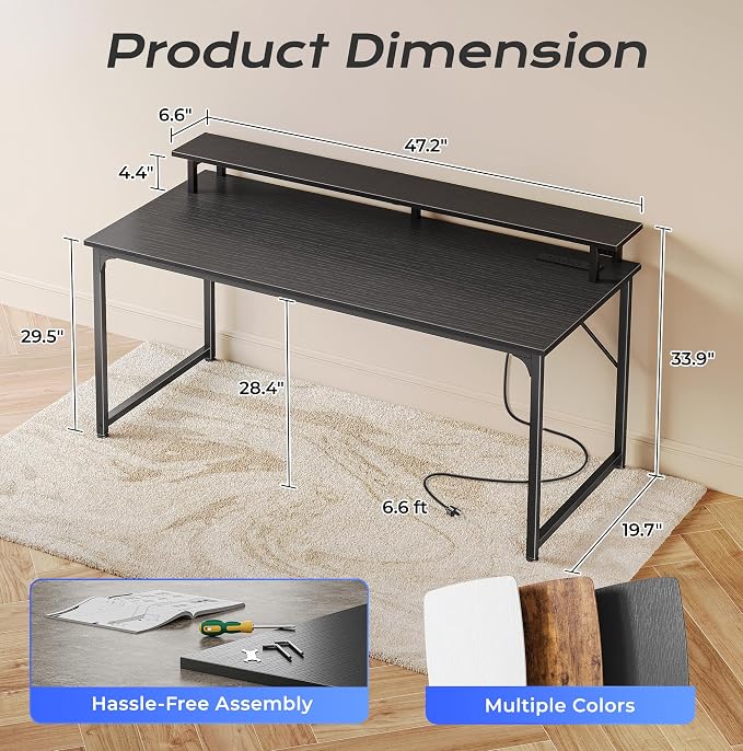PRAISUN 48 inch Gaming Desk, LED & Power Outlets, Monitor Stand, Black | Sturdy PC Desk for Home Office, Study & Work, LED Lights, 4 AC Outlets & USB-C Charging Station