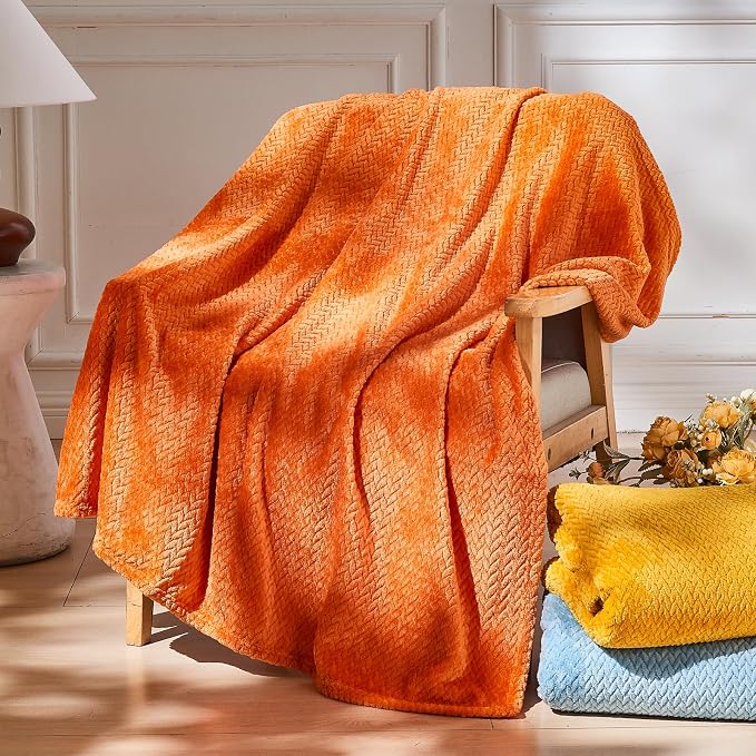 NEWCOSPLAY Fleece Leaves Pattern Queen Blanket, Orange, 90"x90" | Super Soft Throw Blanket, Lightweight Cozy Bed Sofa Blanket, Premium Silky Flannel Fleece, Travel Blanket for All Season Use