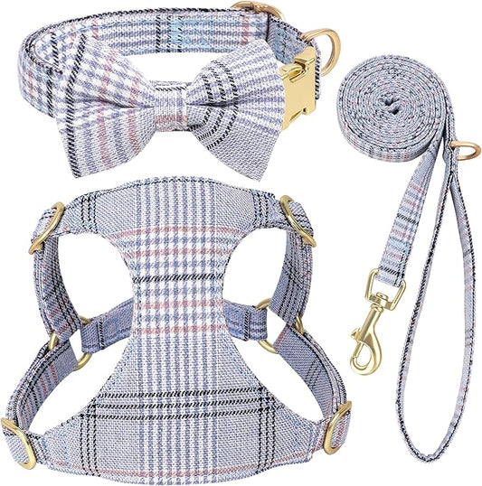 Beirui Cute Extra Small Dog Harness Collar and Leash Set with Bowtie, Soft Adjustable Plaid Puppy Harness for Small Sized Dogs Cats Walks Parties and Photoshoots(Blue,XXS:Chest 12-14")