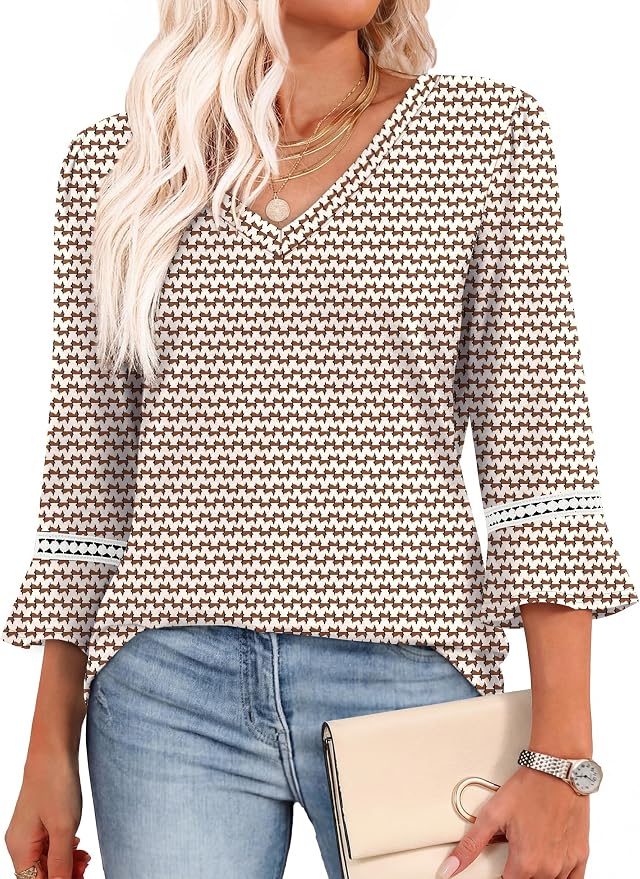 WIHOLL Womens Blouses Dressy Casual 3/4 Length Sleeve Tops Lace Trendy 2026 Spring Summer V Neck Shirts Vacation Outfits
